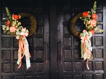 flowers and wreaths on front doors 