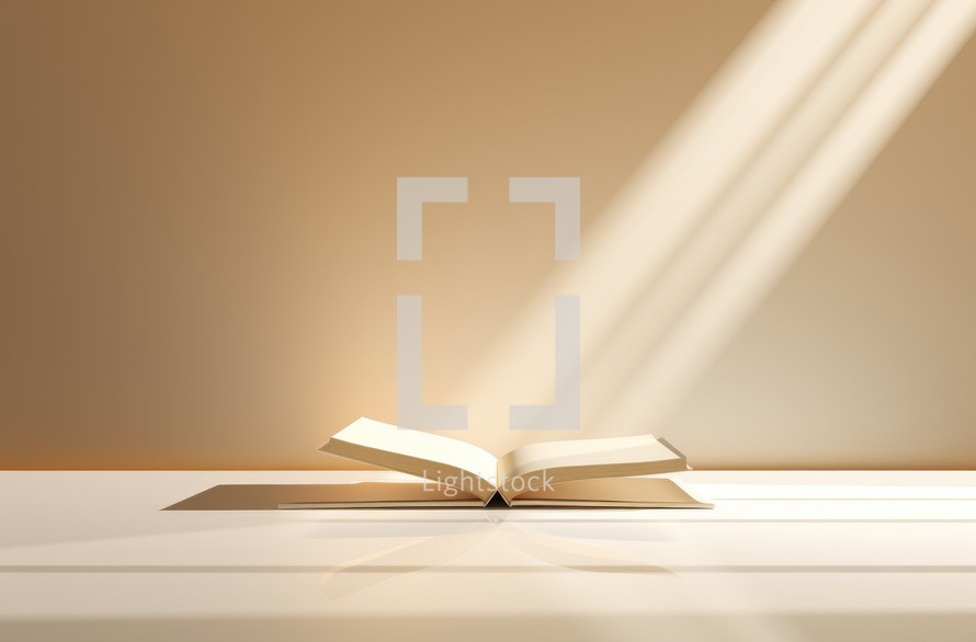 Open book on white table and light from window