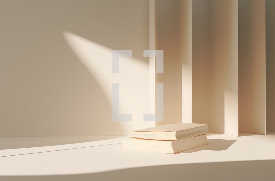 Minimalist scene with books, light and sunrays