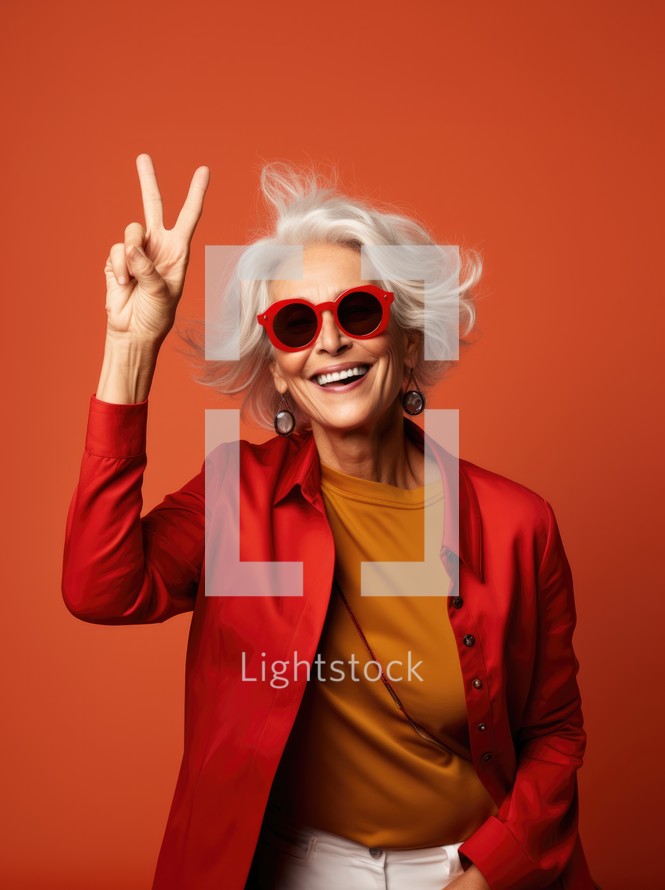 Portrait of smiling senior woman in sunglasses showing peace sign isolated on orange