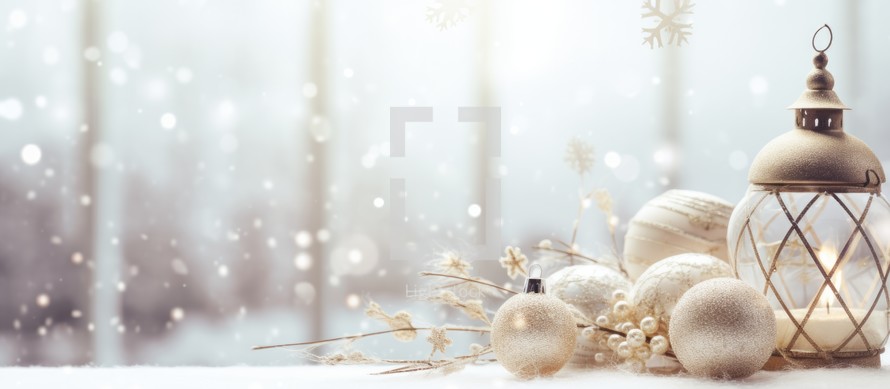 Christmas background. Festive decoration on the background of the winter landscape.