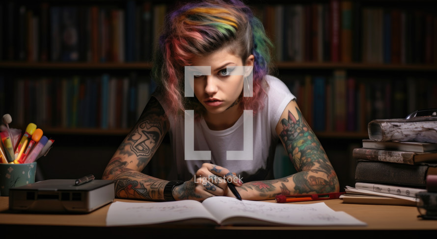 Tattooed girl sitting at the desk with books and pencils