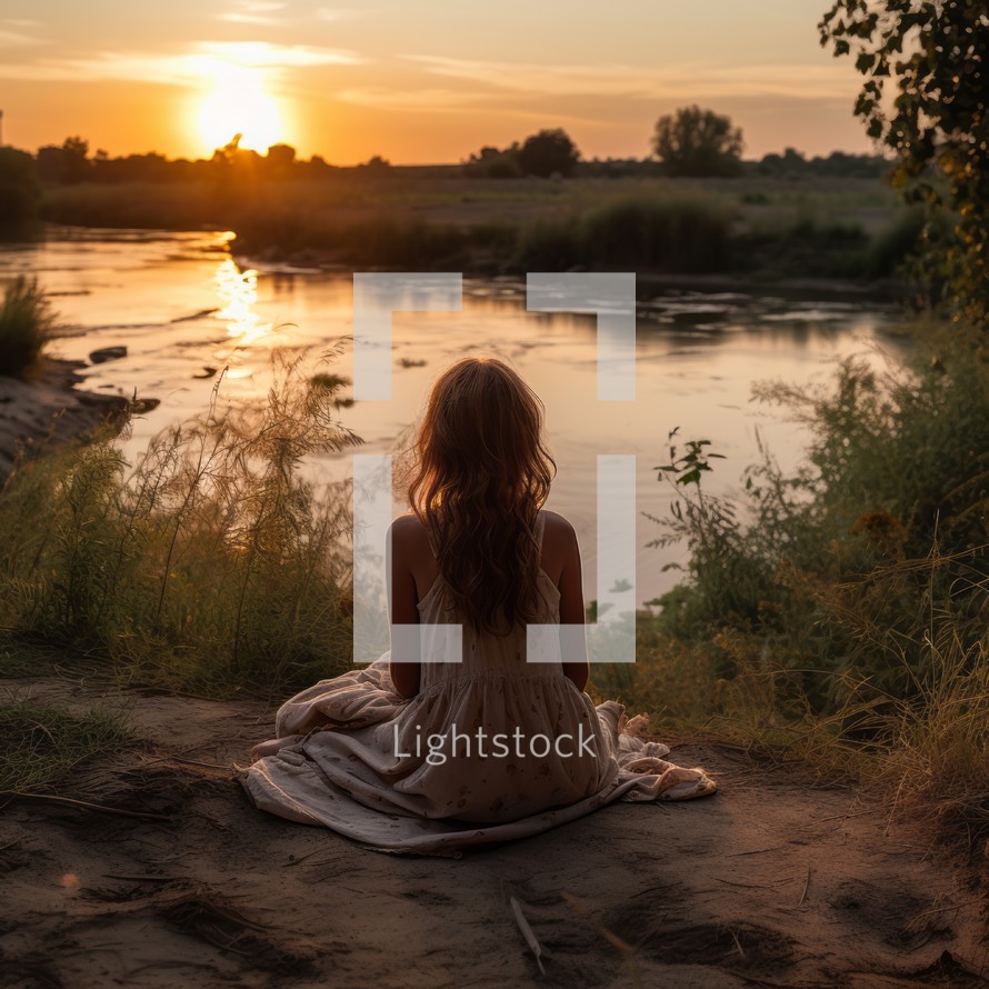 Girl in a dress sitting on the riverbank, looking at the setting sun