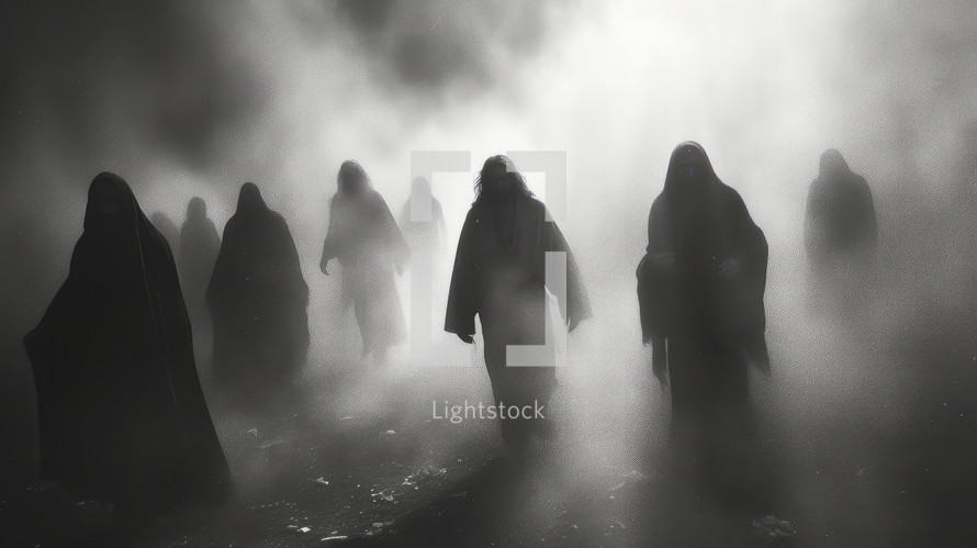 Mysterious silhouettes of a group of people in the fog.