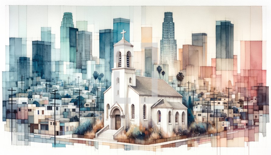 Watercolor painting of a little church in Los Angeles, California, cityscape skyline