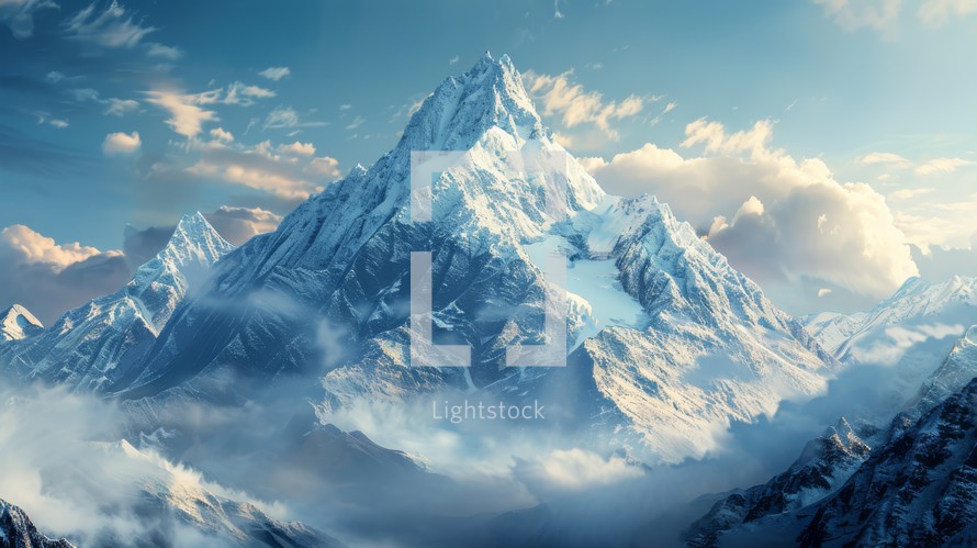 A mountain coated in a layer of thick snow stands prominently against a backdrop of a cloudy sky. The stark contrast between the white snow and grey clouds creates a striking scene in the natural landscape.