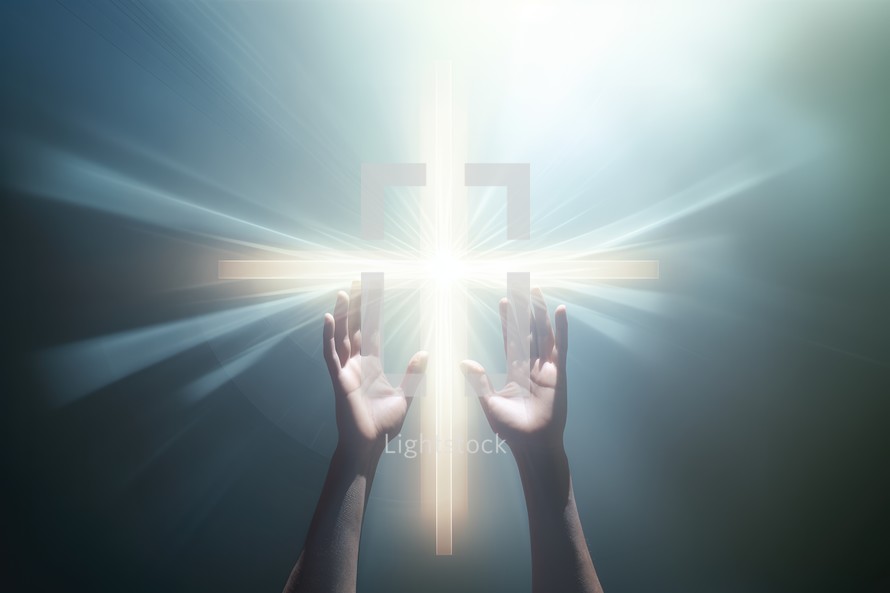 Hands reaching for a glowing cross over dark background