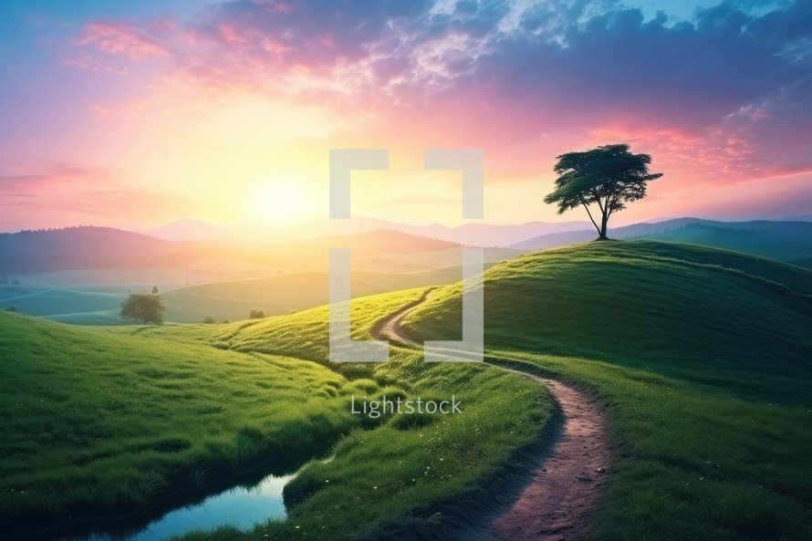 Beautiful sunset in the mountains landscape with green meadow and lonely tree