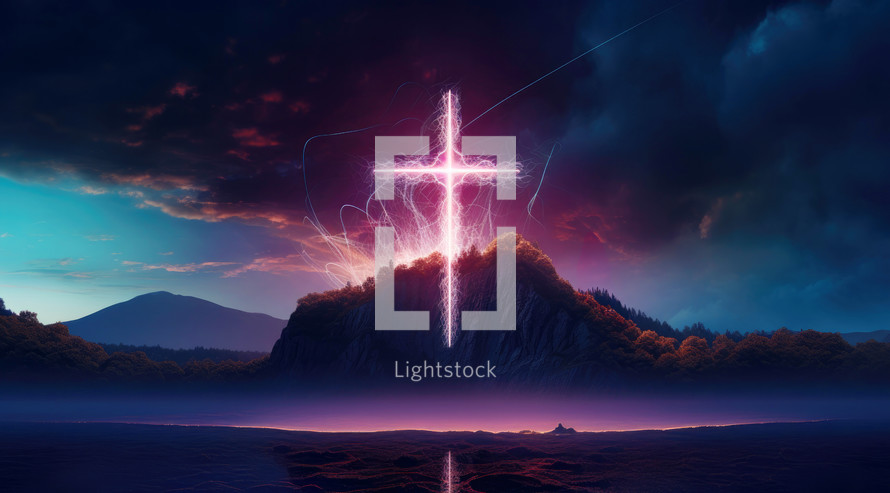Cross on the mountain at night. 3d rendering.
