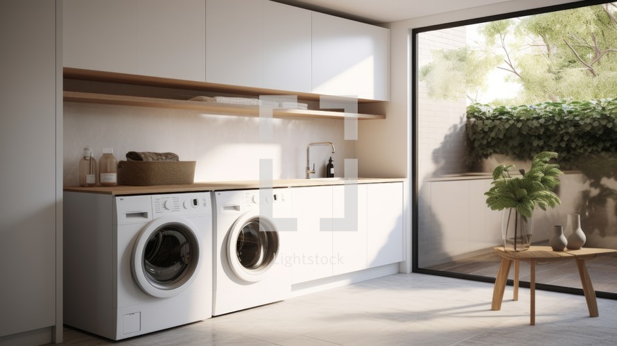 Generative AI A contemporary laundry space featuring a built-in washing machine within a white storage cabinet for a seamless look