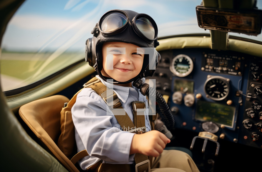 A 6-year-old boy in a pilot uniform inside an airplane cockpit, fulfilling dreams of becoming a pilot at a young age