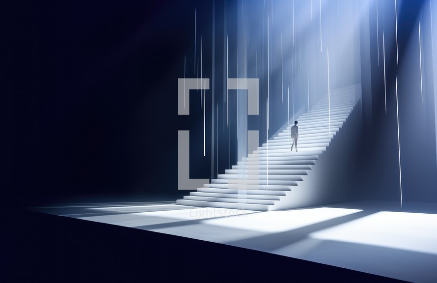 Faith. Conceptual image of a man climbing a stairway with a black background