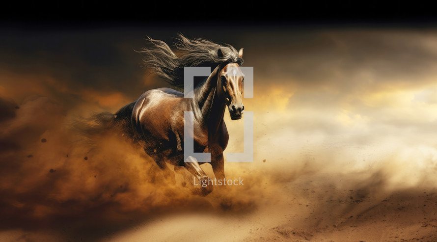 Beautiful bay horse galloping in the dust on a dark background