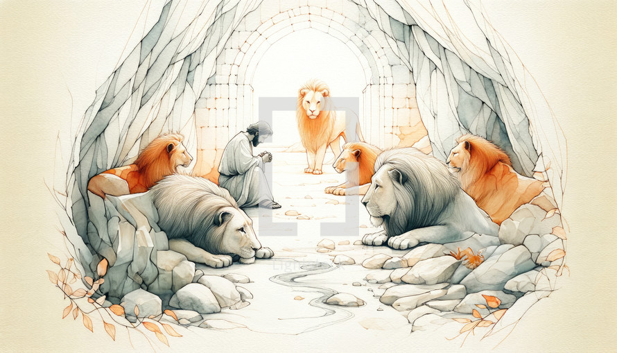 Daniel in the lions' den. Daniel and the Very Hungry Lions. Digital illustration.