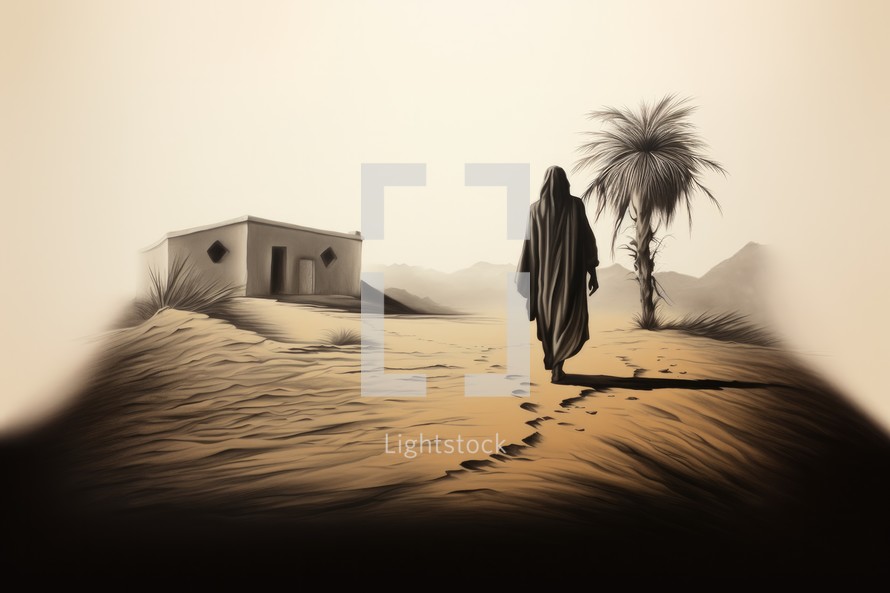 Parable of the Prodigal Son. Desert landscape with a hut and palm trees