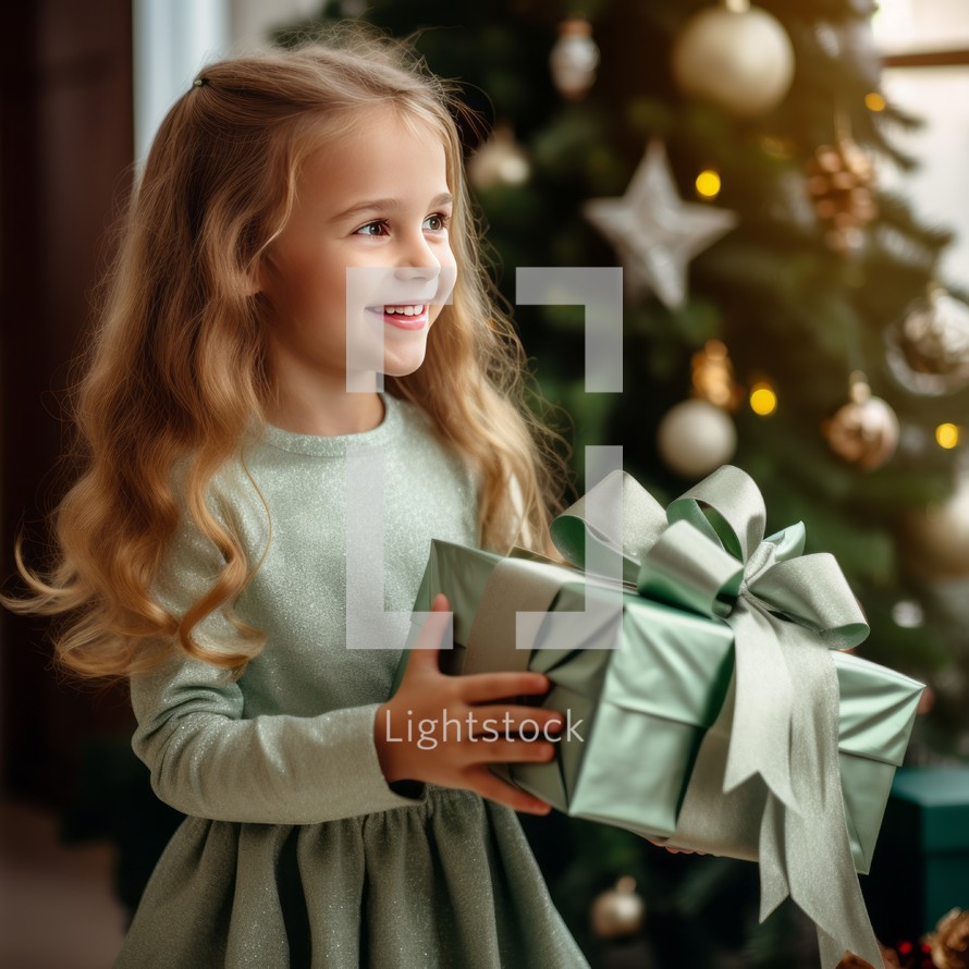 Portrait of a cute little girl holding a gift box in her hands