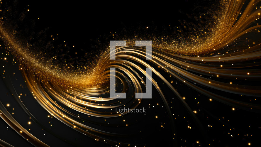 Genesis. Abstract gold wave with glitter on black background. 3d render illustration