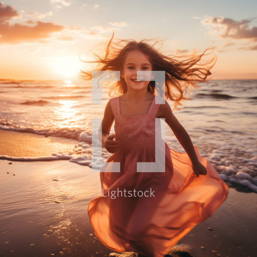 Happy little girl playing on the beach at the sunset time. Concept of friendly family.