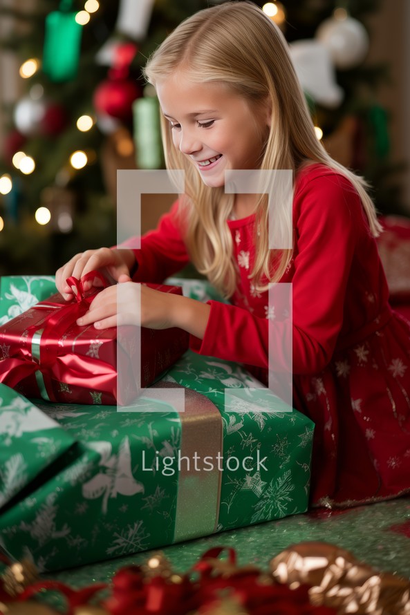 Portrait of a cute little girl opening Christmas presents at home