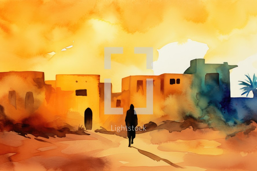 Parable of the Prodigal Son. Digital watercolor painting of a man walking in the desert
