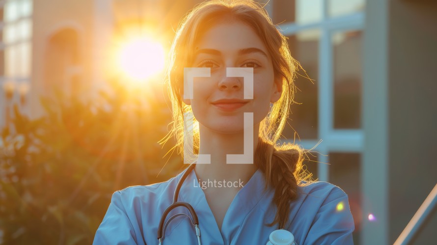 A professional woman wearing a stethoscope is standing in front of a building, likely a healthcare facility or hospital. She appears confident and ready to provide medical assistance.