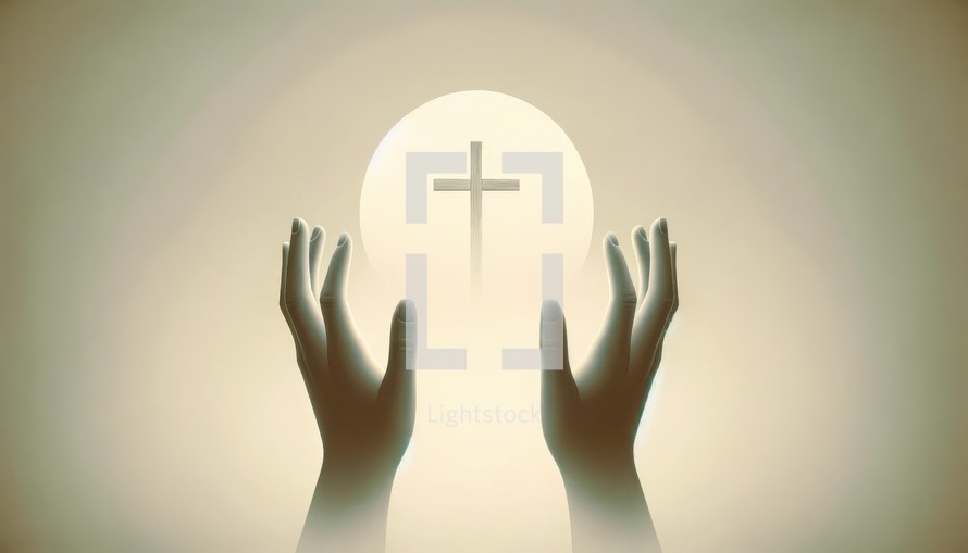 Hands and a cross in front of the sun. Conceptual Christian image.