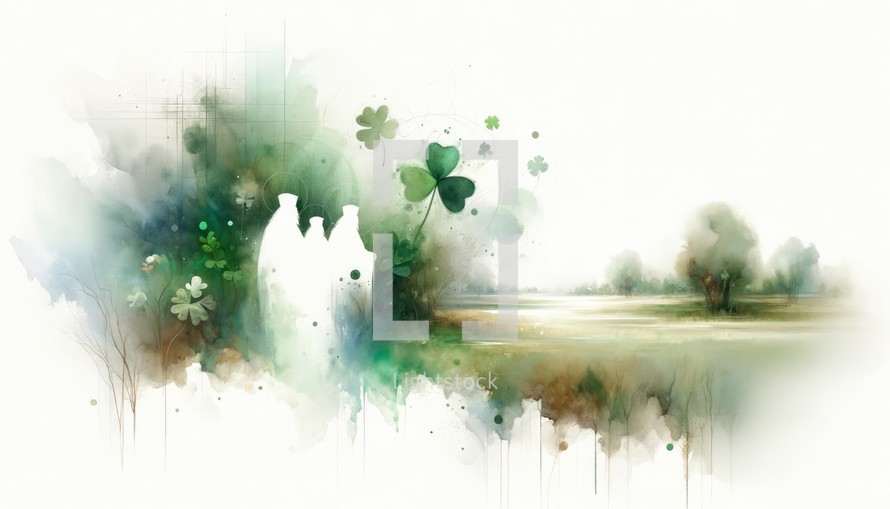 St. Patrick's Day. White silhouette of saints against green abstract watercolor background with clover leafs.