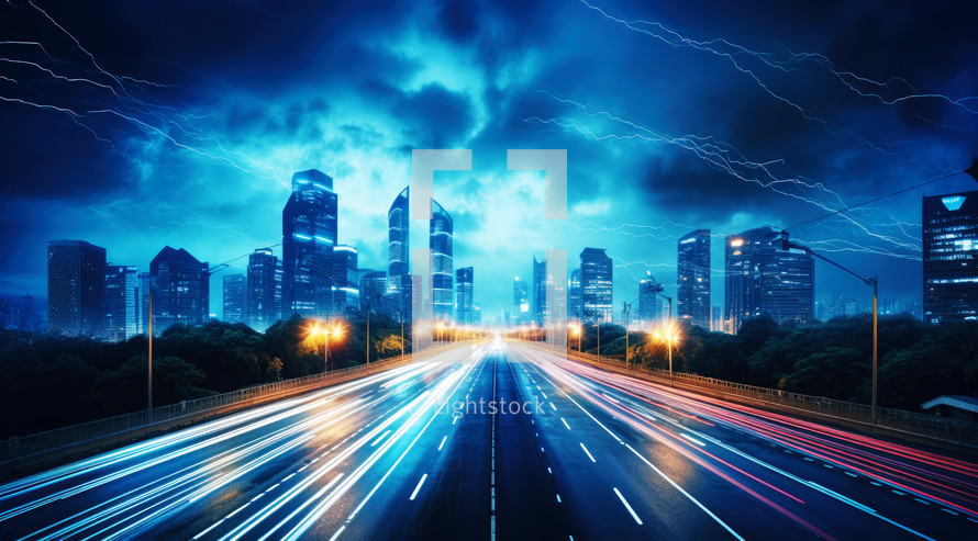 Highway in the city at night with lightning and car light trails