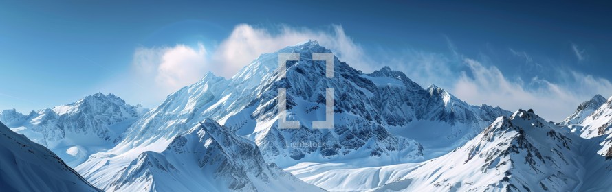 A mountain range covered in snow stands tall under a clear blue sky. The white snow contrasts with the deep blue of the sky, creating a stunning winter scene.