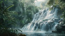 A detailed painting showcasing a powerful waterfall cascading down rocks in the midst of a lush jungle setting. Sunlight filters through the dense canopy, highlighting the vivid greenery and the dynamic flow of the water.