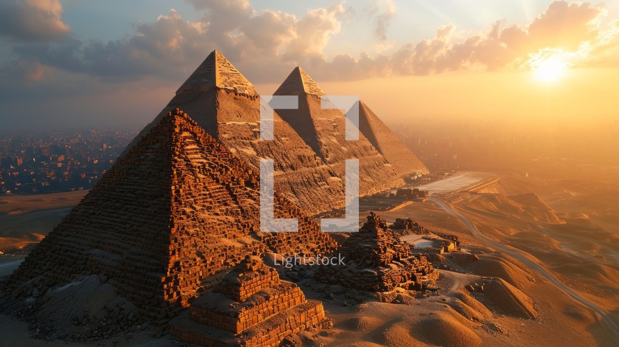 Generative AI Pyramid cluster, drone's altitude, sun setting, distant oasis, realistic twilight over Egyptian monuments