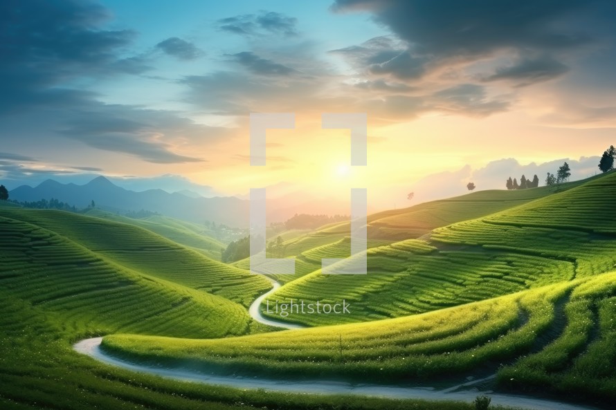 Beautiful sunrise over the rice terraces in the countryside of Vietnam