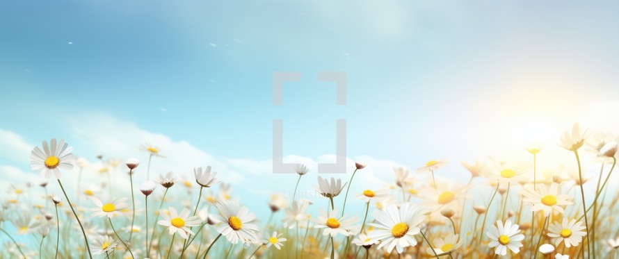 White daisies in the meadow on blue sky background.