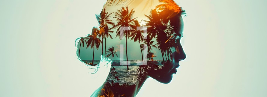 A woman's face is shown in a painting of a tropical beach. The painting is a watercolor of a woman's face with palm trees in the background. The painting has a serene and calming mood