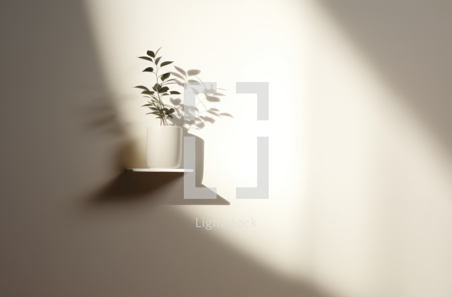 Plant in pot on white wall with shadow