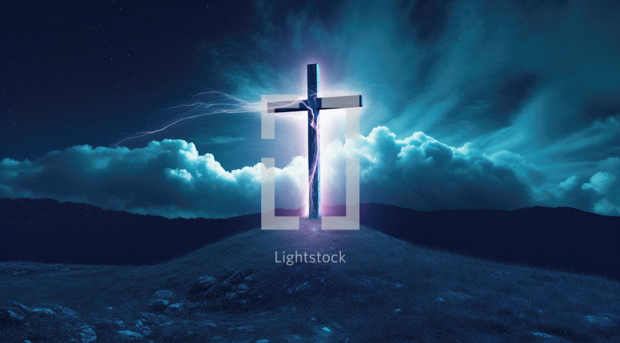 Conceptual image of cross on top of hill against sky background