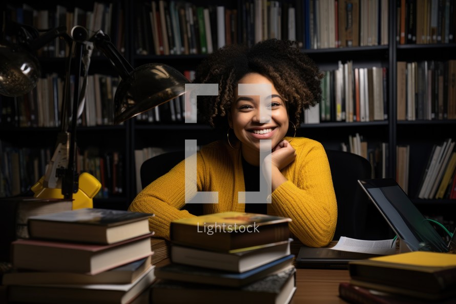 Bible Study. Portrait of a happy african american college student sitting at her desk in library