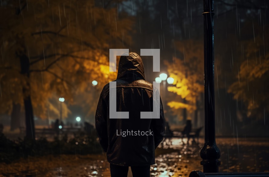 A man in a raincoat walks through a park at night, bathed in the glow of burning lights, while autumn rain falls gently