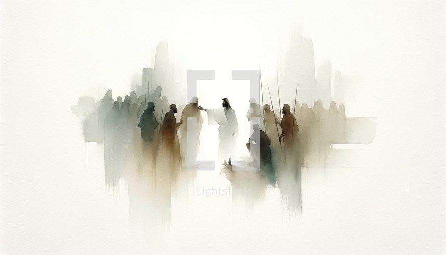 Betrayal and arrest. Life of Jesus. Digital watercolor drawing.