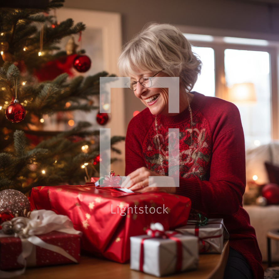 Happy senior woman opening Christmas present at home in the living room