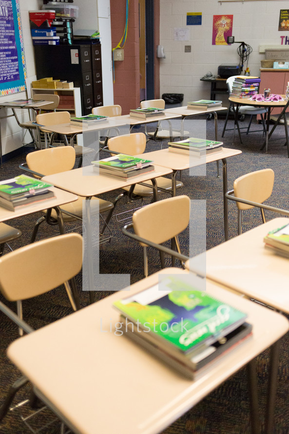 student desks in a classroom 