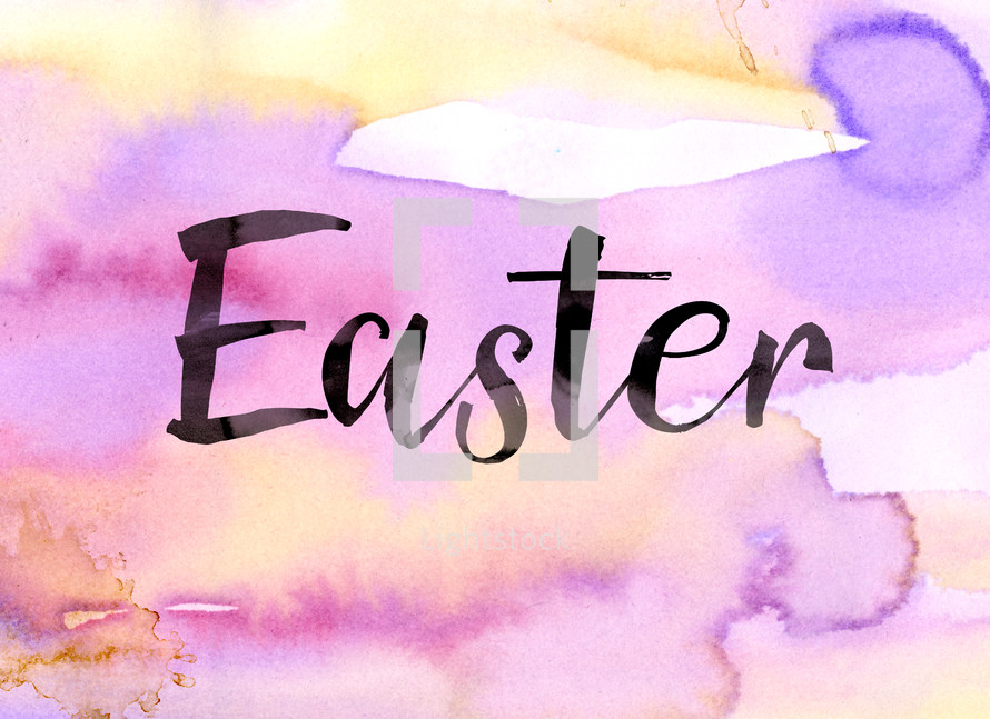 The word, "Easter," on a watercolor background.