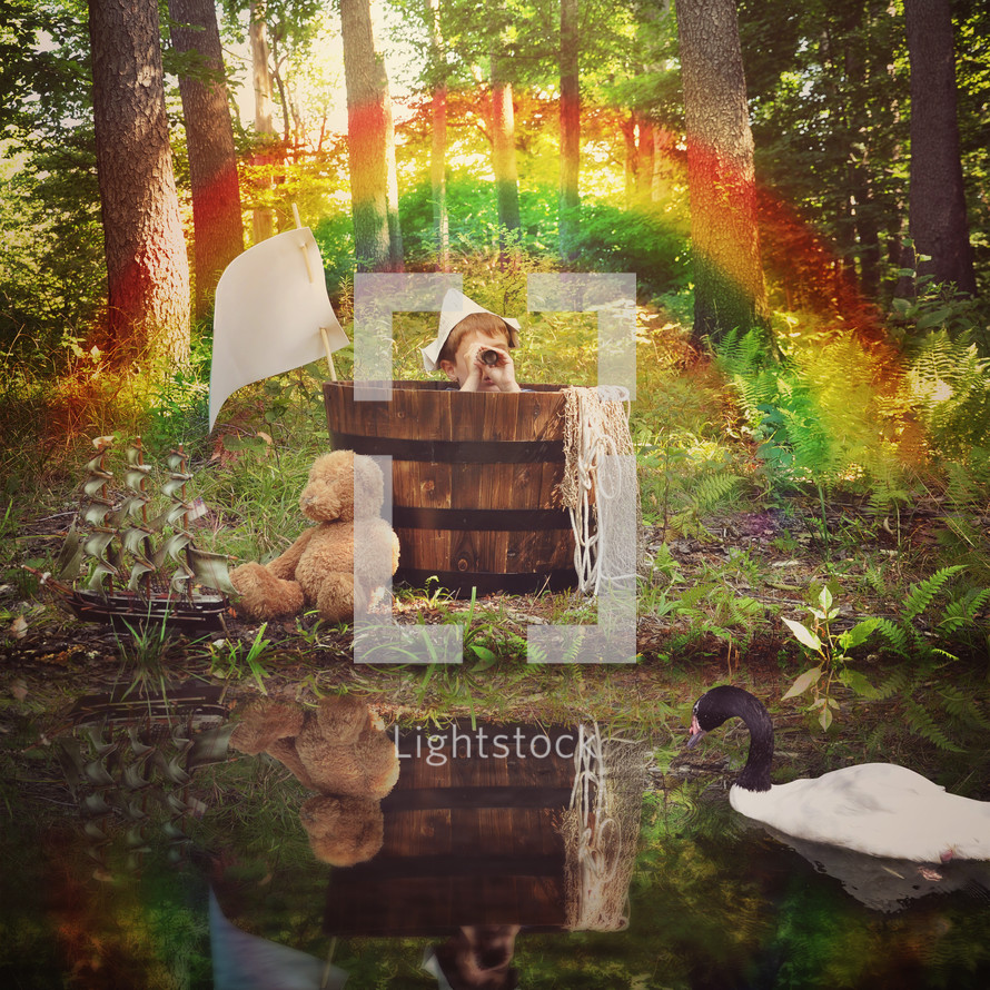 a child in a wooden tub floating on water under a rainbow 