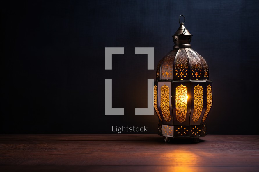 Arabic lantern on wooden table and dark background. Ramadan Kareem concept.