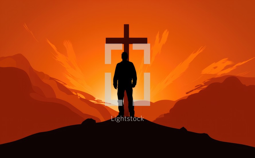 Silhouette of a man with a cross on top of a mountain.