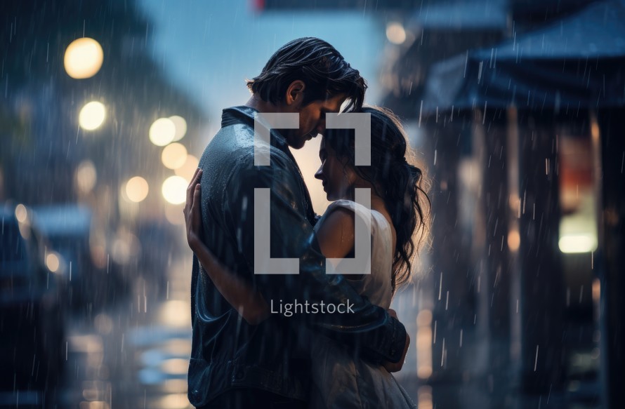 Young couple embracing under the rain in the city at night. Blurred background.