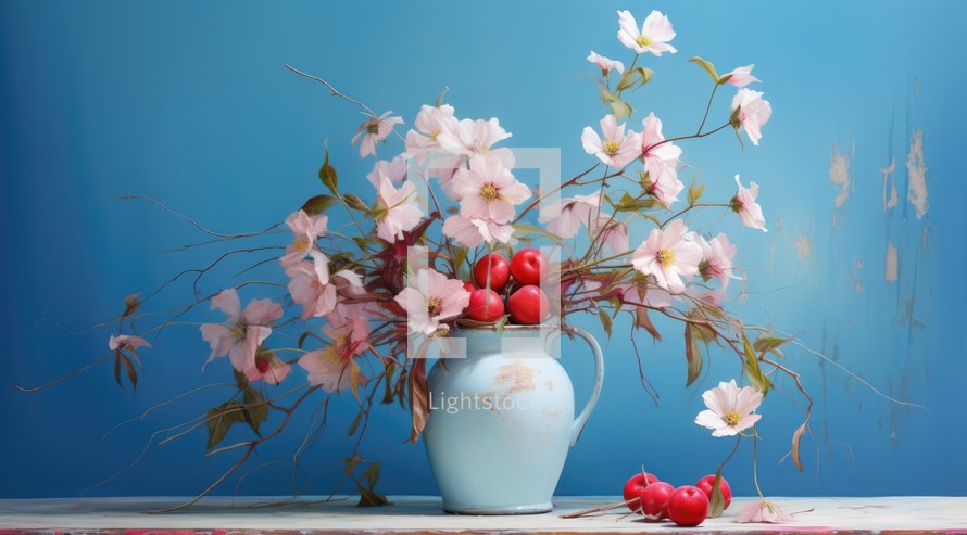 Beautiful bouquet of cherry and white and pink flowers in vase on wooden table and blue background