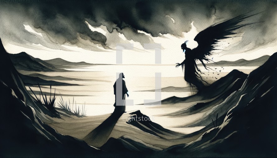 The temptation of Jesus by Satan in the Judean Desert. Life of Jesus. Silhouette of Jesus and Satan in the mountains. Digital illustration.