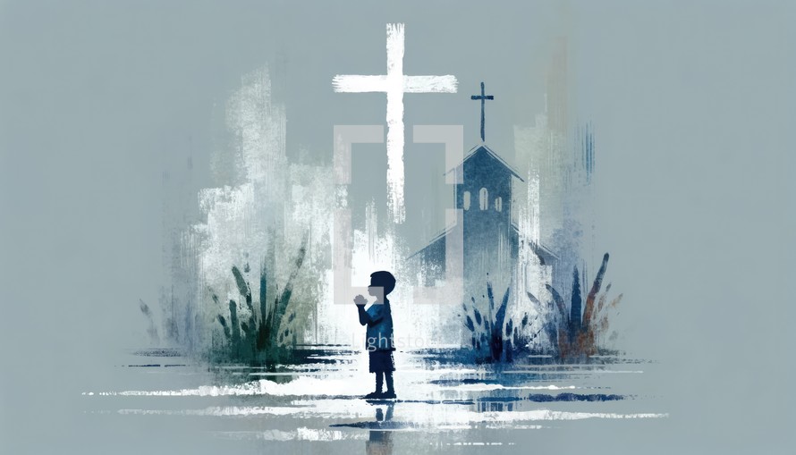 Illustration of a little boy praying in front of a cross
