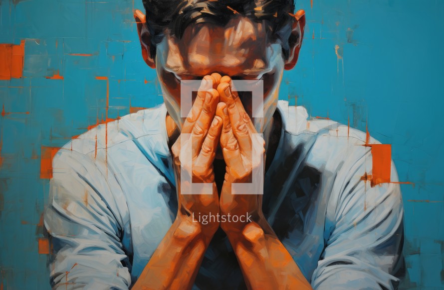 Young man with hands clasped in prayer over grunge background.